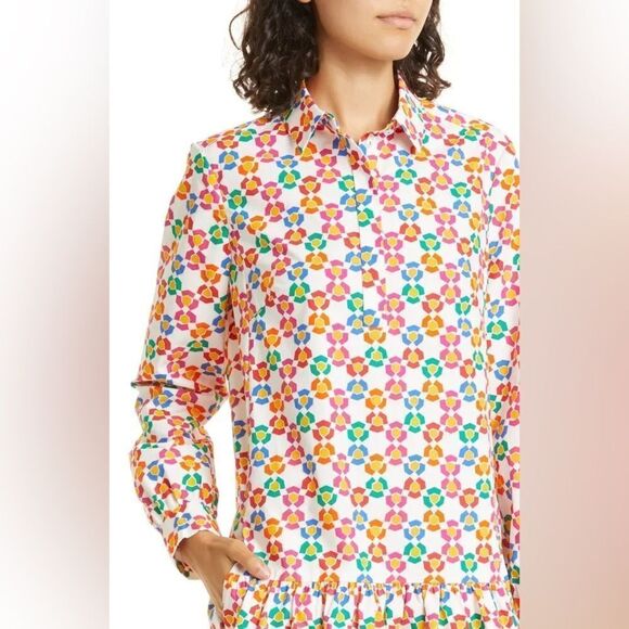 Saloni Geometric Long Sleeve Poplin Shirtdress Ruffle Hem US 4 - Picture 3 of 8